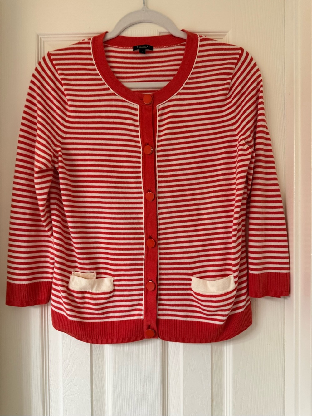 Talbots Red and White Striped Button-Front Cardigan